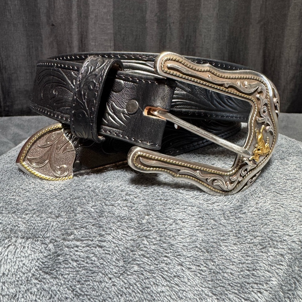 Tony Lama Black Leather Belt with ornate buckle
